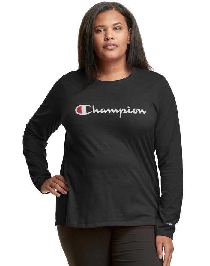 Champion Dame T-Shirts Sort - Plus Classic Long-Sleeve Script Logo - Danmark FLP-621954